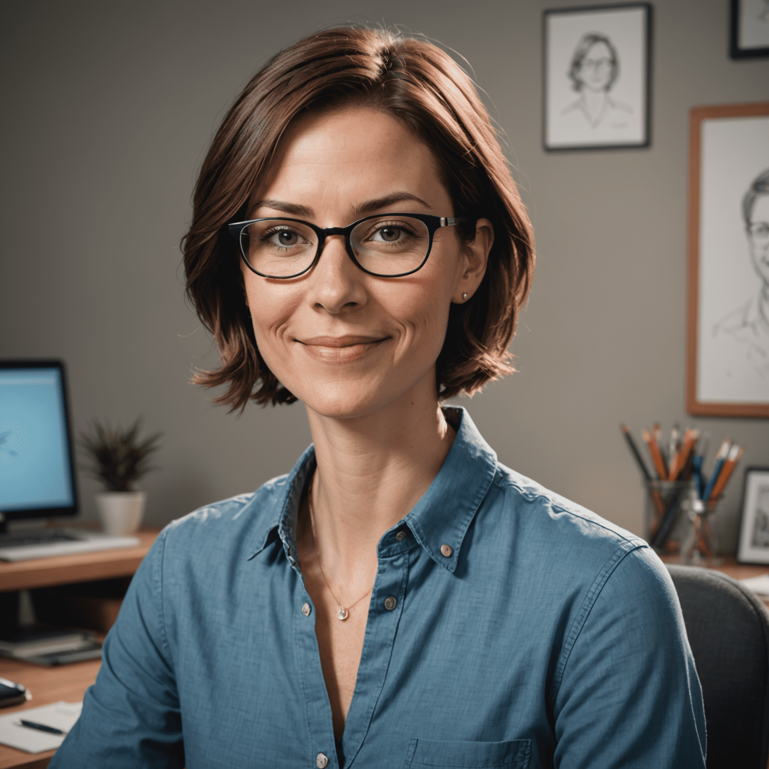 Jane Doe, a woman in her 30s with short brown hair and glasses, smiling at the camera. She's wearing a casual blue shirt and is sitting at a drawing tablet.