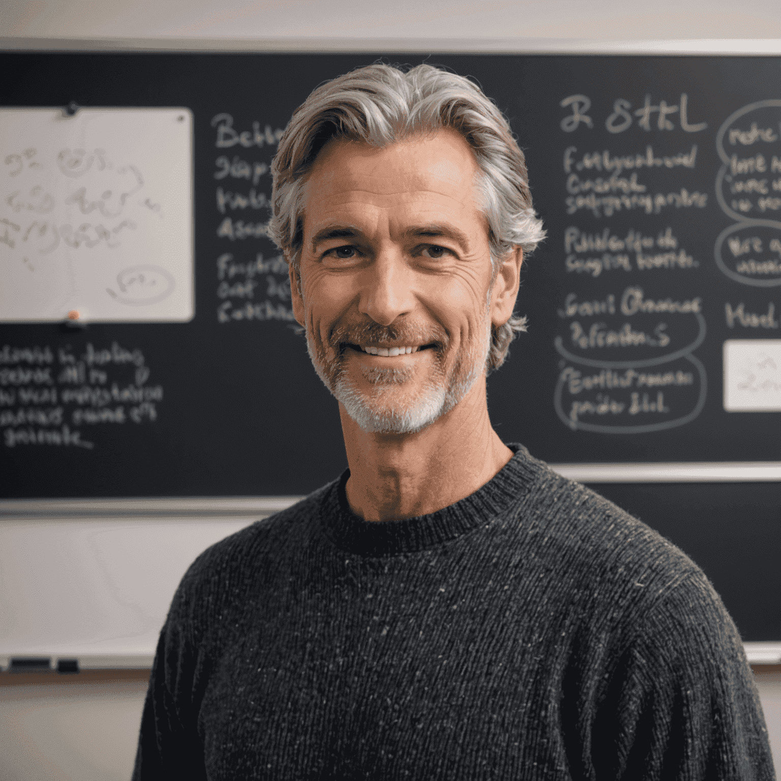 John Smith, a man in his 40s with salt and pepper hair and a friendly smile. He's wearing a dark sweater and is standing in front of a whiteboard with animation sketches.