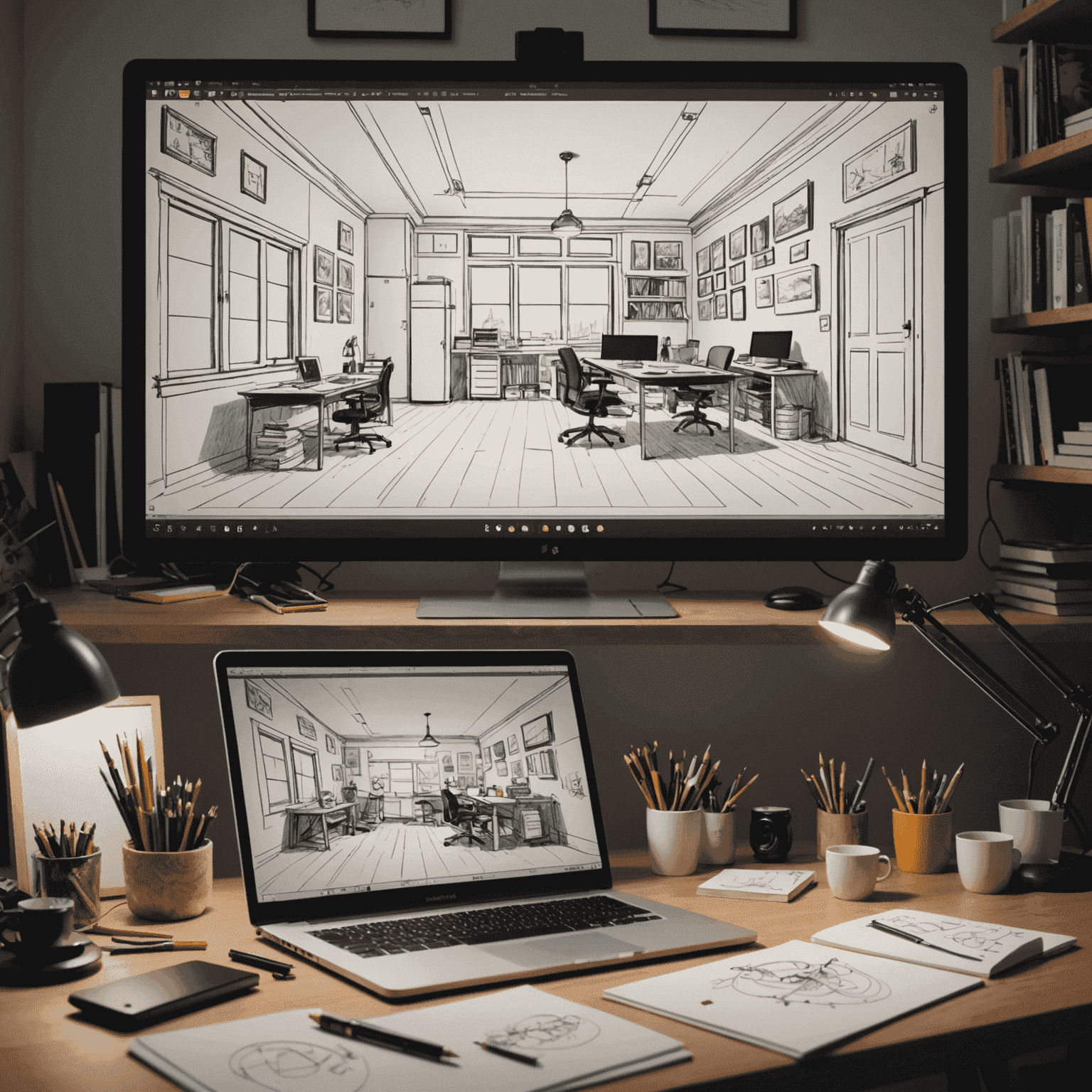 Split-screen comparison of traditional hand-drawn animation workspace and modern digital animation setup, highlighting the contrast in tools and methods