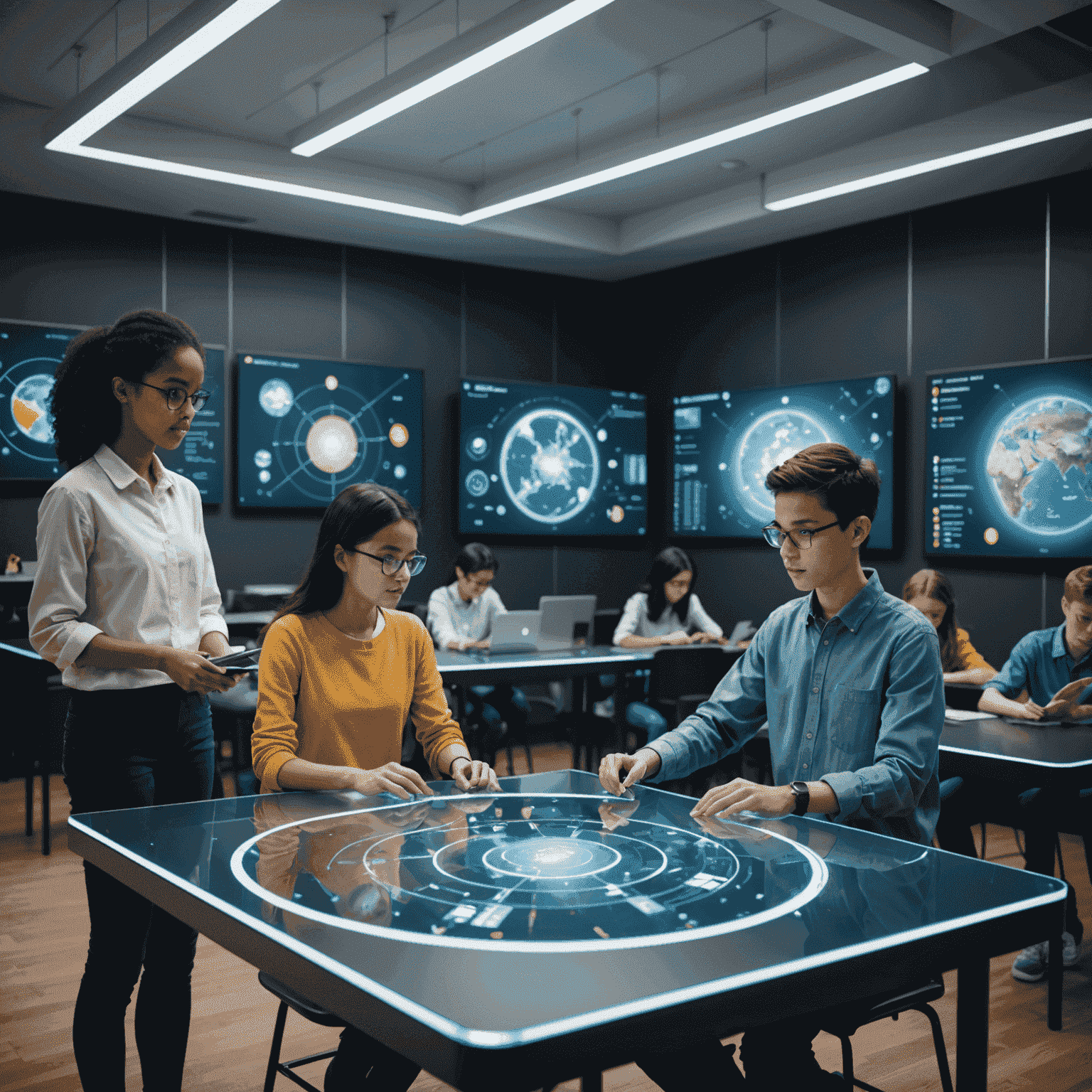 A futuristic classroom setting with students using holographic displays to interact with 2D animated educational content, showcasing advanced technology integration