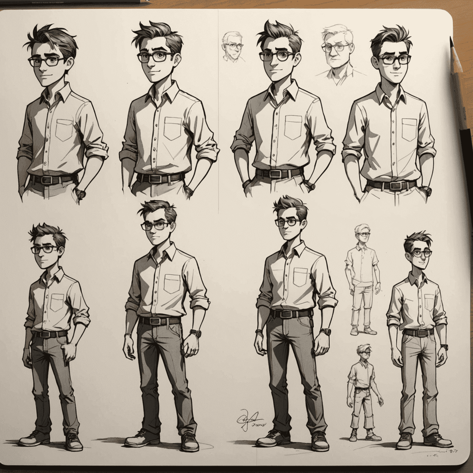 Sketches and digital drawings showing the process of character design for 2D animation